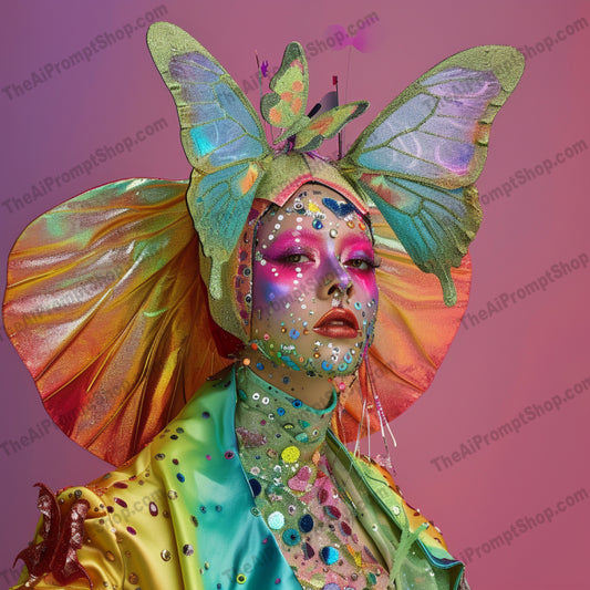 AI MidJourney Image Prompt, People, 4154Bejeweled, Burlesque, Cabaret, Carnival, Celebrity fashion, chat gpt, chat gpt prompts, chatgpt, chatgpt prompts, Couture, Crystal costume, Drag ensemble, Fantasy attire, Fashion costume, Glamour, Glitter attire, Iridescent outfit, midjourney, Pageant wear, Parade costume, people, Performance costume, Rhinestones, Showgirl, Silver headpiece, Stage makeup