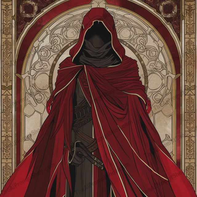 AI MidJourney Image Prompt, Character Art, 4161Art Nouveau inspiration, chat gpt, chat gpt prompts, chatgpt, chatgpt prompts, Geometric background patterns, Intricate line work, midjourney, Mysterious figures, Mystical ambiance, Ornamental elegance, Red and gold palette, Stained glass art style, Symmetrical composition, Vivid color contrast