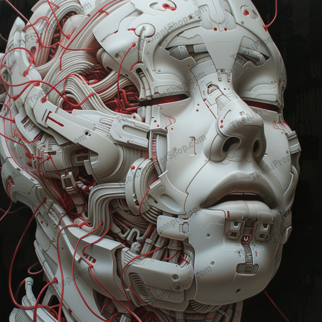 Synthetic Masquerade Elegance AI MidJourney Image Prompt, Character Art, 4179Artistic complexity, Biomechanical masks, chat gpt, chat gpt prompts, chatgpt, chatgpt prompts, Conceptual art, Dramatic contrasts, Futuristic elegance, Hyper-realistic art, Intricate patterns, Mechanical humanity, midjourney, Organic cybernetics, Ornamental designs, Red and white palette, Robotic aesthetics, Surreal portraiture, Symmetrical beauty, Technological fusion