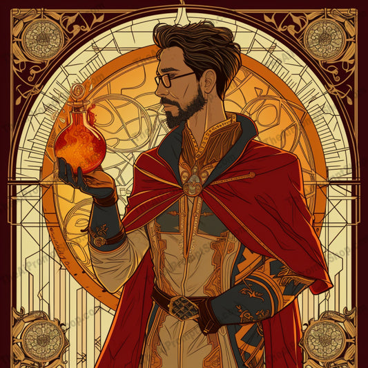 AI MidJourney Image Prompt, Character Art, 4161Art Nouveau inspiration, chat gpt, chat gpt prompts, chatgpt, chatgpt prompts, Geometric background patterns, Intricate line work, midjourney, Mysterious figures, Mystical ambiance, Ornamental elegance, Red and gold palette, Stained glass art style, Symmetrical composition, Vivid color contrast
