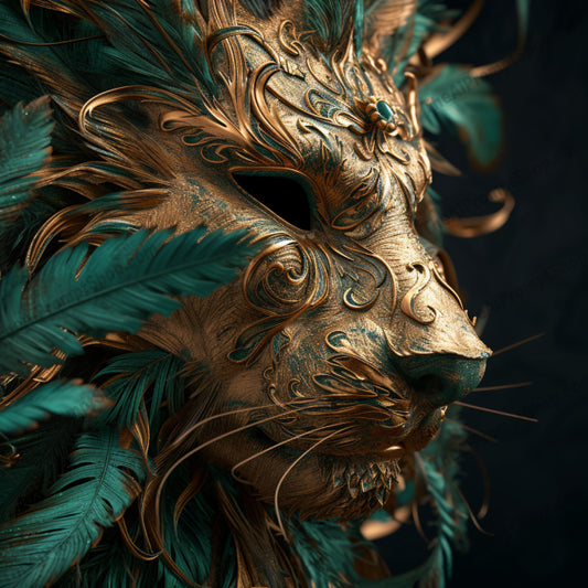 Regal Masquerade in Feathers and Gold AI MidJourney Image Prompt, Character Art, 4180Animalistic features, Artisan craftsmanship, Baroque artistry, Ceremonial wear, chat gpt, chat gpt prompts, chatgpt, chatgpt prompts, Decorative plumes, Elaborate disguise, Enigmatic expressions, Feathered elegance, Gold filigree, Jewel-encrusted, Luxurious textures, Majestic adornment, midjourney, Ornate masks, Royal masquerade, Venetian style
