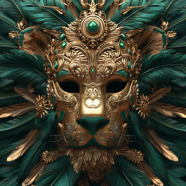 Regal Masquerade in Feathers and Gold AI MidJourney Image Prompt, Character Art, 4180Animalistic features, Artisan craftsmanship, Baroque artistry, Ceremonial wear, chat gpt, chat gpt prompts, chatgpt, chatgpt prompts, Decorative plumes, Elaborate disguise, Enigmatic expressions, Feathered elegance, Gold filigree, Jewel-encrusted, Luxurious textures, Majestic adornment, midjourney, Ornate masks, Royal masquerade, Venetian style