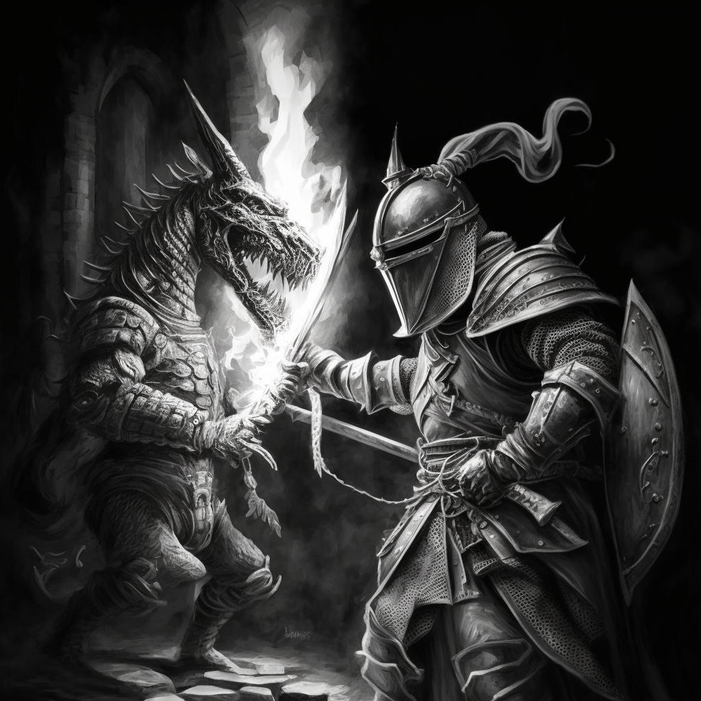 AI Midjourney Prompt for Storybook Illustrations - Dragon and Knight Battle