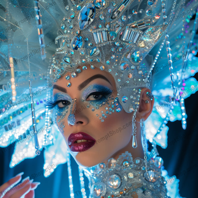 AI MidJourney Image Prompt, People, 4154Bejeweled, Burlesque, Cabaret, Carnival, Celebrity fashion, chat gpt, chat gpt prompts, chatgpt, chatgpt prompts, Couture, Crystal costume, Drag ensemble, Fantasy attire, Fashion costume, Glamour, Glitter attire, Iridescent outfit, midjourney, Pageant wear, Parade costume, people, Performance costume, Rhinestones, Showgirl, Silver headpiece, Stage makeup