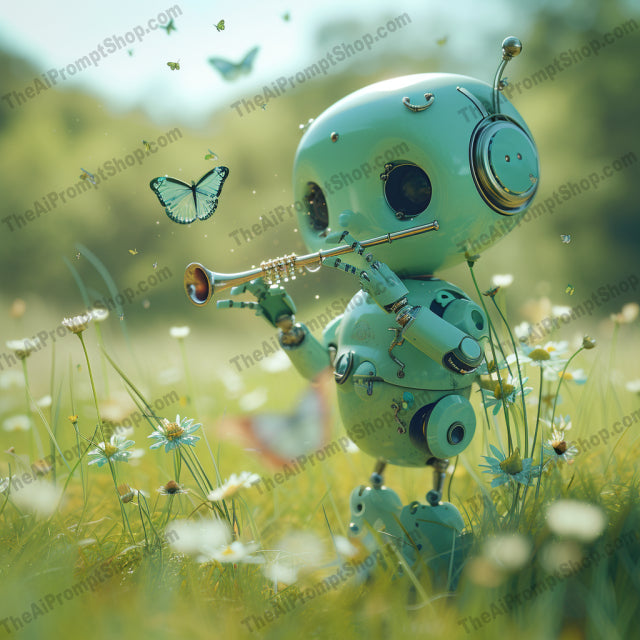 Melodic Botanical Symphony AI MidJourney Image Prompt, Character Art, 4174Animated androids, Botanical backdrop, chat gpt, chat gpt prompts, chatgpt, chatgpt prompts, Digital art, Futuristic pastoral, Harmonious settings, Idyllic scenes, Instrument-playing robots, Lush vegetation, midjourney, Musical serenity, Nature-infused robotics, Peaceful melodies, Robotic musicians, Serene landscapes, Technological and natural fusion, Whimsical bots