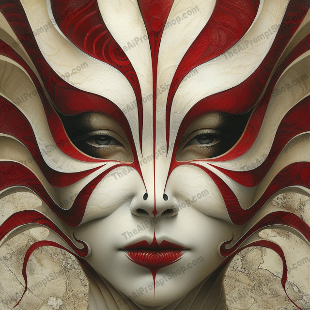 Synthetic Masquerade Elegance AI MidJourney Image Prompt, Character Art, 4179Artistic complexity, Biomechanical masks, chat gpt, chat gpt prompts, chatgpt, chatgpt prompts, Conceptual art, Dramatic contrasts, Futuristic elegance, Hyper-realistic art, Intricate patterns, Mechanical humanity, midjourney, Organic cybernetics, Ornamental designs, Red and white palette, Robotic aesthetics, Surreal portraiture, Symmetrical beauty, Technological fusion
