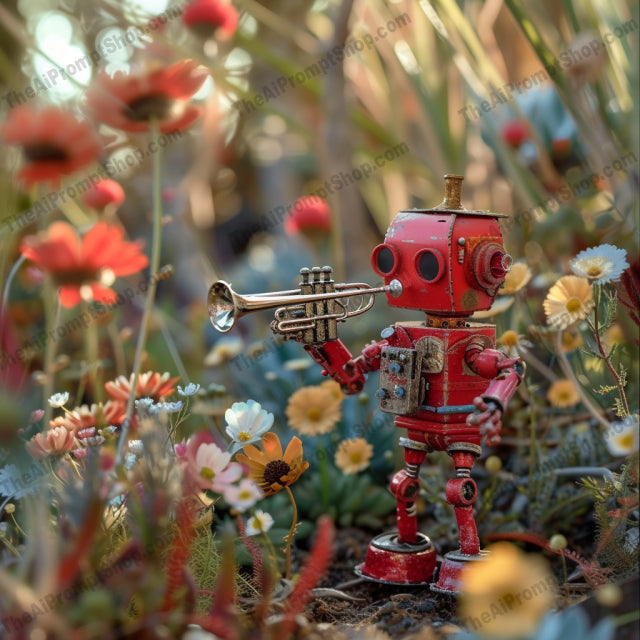 Melodic Botanical Symphony AI MidJourney Image Prompt, Character Art, 4174Animated androids, Botanical backdrop, chat gpt, chat gpt prompts, chatgpt, chatgpt prompts, Digital art, Futuristic pastoral, Harmonious settings, Idyllic scenes, Instrument-playing robots, Lush vegetation, midjourney, Musical serenity, Nature-infused robotics, Peaceful melodies, Robotic musicians, Serene landscapes, Technological and natural fusion, Whimsical bots
