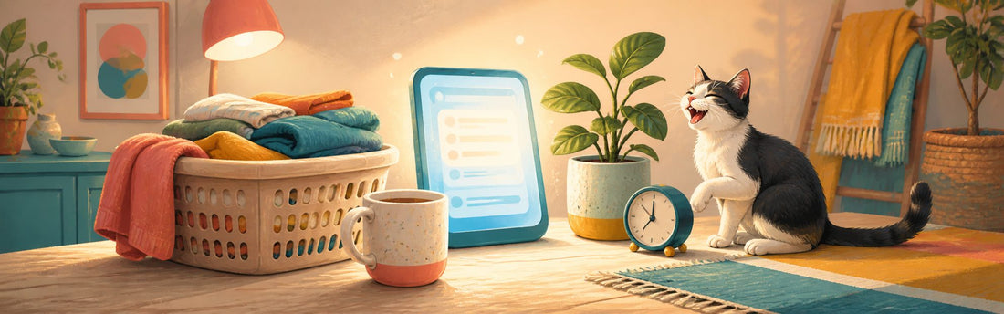A laughing cat beside a glowing AI chat screen, a laundry basket, a coffee mug, and an alarm clock