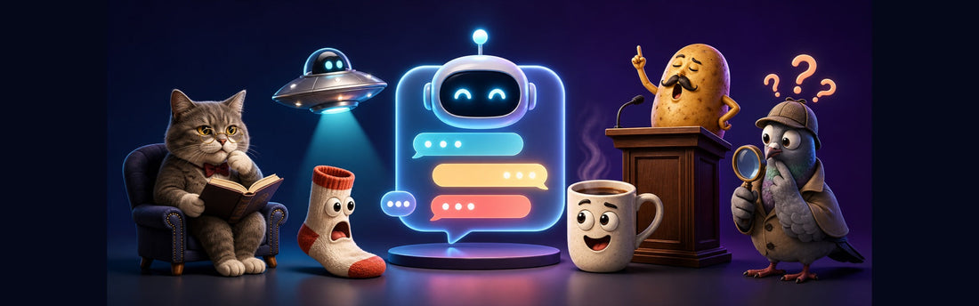 Playful AI chat surrounded by a cat, UFO, sock, coffee cup, potato speaker, and pigeon detective