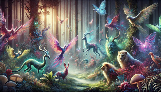 An AI-generated illustration of mystical creatures in a magical forest setting, with imaginative shapes, vibrant colors, and fantastical details.
