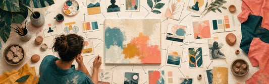 An artist arranging sketches, color swatches, objects, and branching idea notes around one unfinished artwork