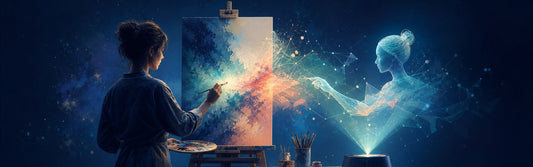 Human artist and luminous AI collaborator creating art together on a canvas
