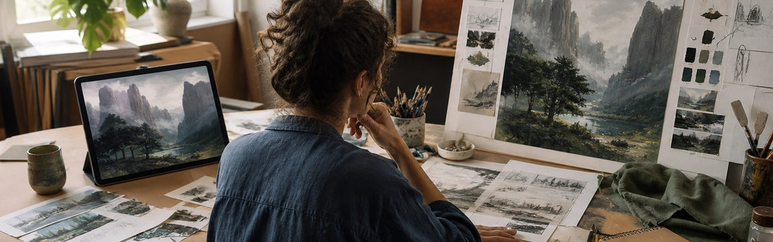 An artist comparing a generated visual study with hand-drawn revisions, source notes, and a final edited composition