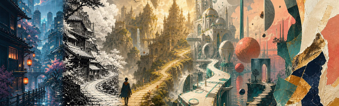 A single imagined city changing across anime, manga, fantasy, science-fiction, surreal, and abstract visual treatments