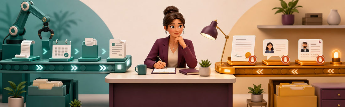 A small-business owner reviewing a workflow where routine files are sorted automatically while sensitive decisions remain in a human review lane
