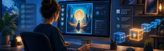 A digital artist reviewing a collectible artwork, rights checklist, metadata record, and blockchain transaction details before minting