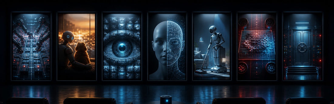 Seven cinema and television screens showing abstract themes of automation, companionship, surveillance, replicas, robots, and control