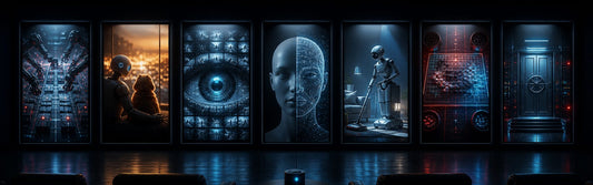 Seven cinema and television screens showing abstract themes of automation, companionship, surveillance, replicas, robots, and control