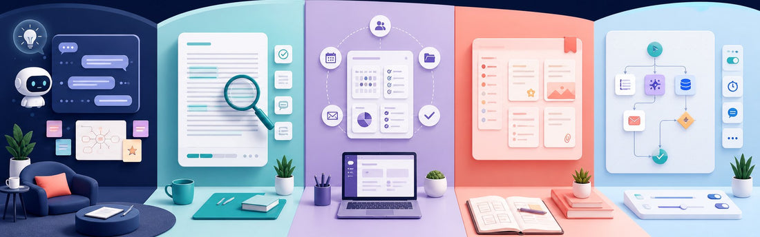 Five distinct workstations representing conversation, document review, connected office tools, knowledge management, and automation