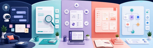 Five distinct workstations representing conversation, document review, connected office tools, knowledge management, and automation