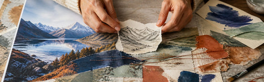 An artist's hands combining a printed digital composition with pencil marks, painted paper, scissors, and textured collage pieces