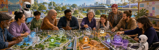 A diverse public workshop designing an AI-assisted city with visible spaces for healthcare, education, work, appeals, energy, and community decisions