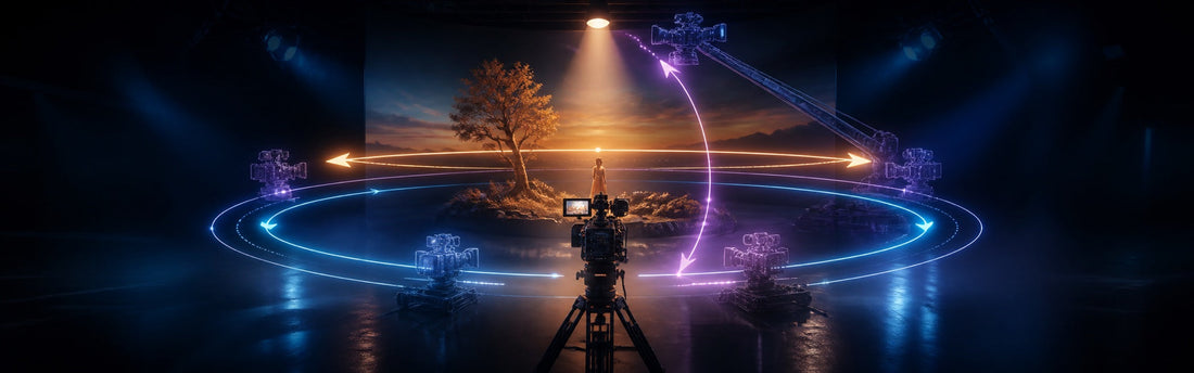 Storyboard scene surrounded by clear camera paths for pans, pushes, tracking shots, and orbits