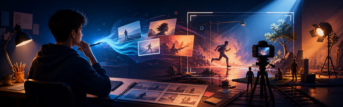 Creator planning an AI video with storyboard frames, camera paths, motion notes, and a laptop
