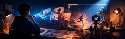 Creator planning an AI video with storyboard frames, camera paths, motion notes, and a laptop
