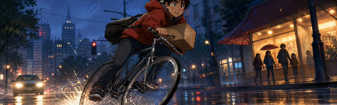 An original animated character crossing a rainlit city street with strong cinematic lighting and a sense of motion