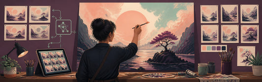 An artist reviewing several rough visual studies while keeping one hand-drawn final composition at the center