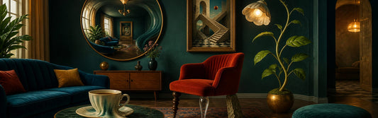 A surreal AI-generated room with an impossible reflection, mismatched chair legs, warped lettering, and objects blending together