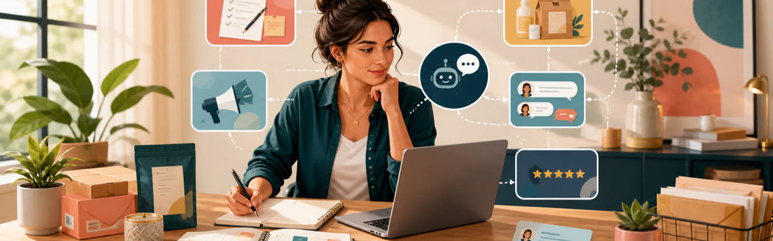 Small-business owner organizing marketing, planning, and customer communication workflows with AI