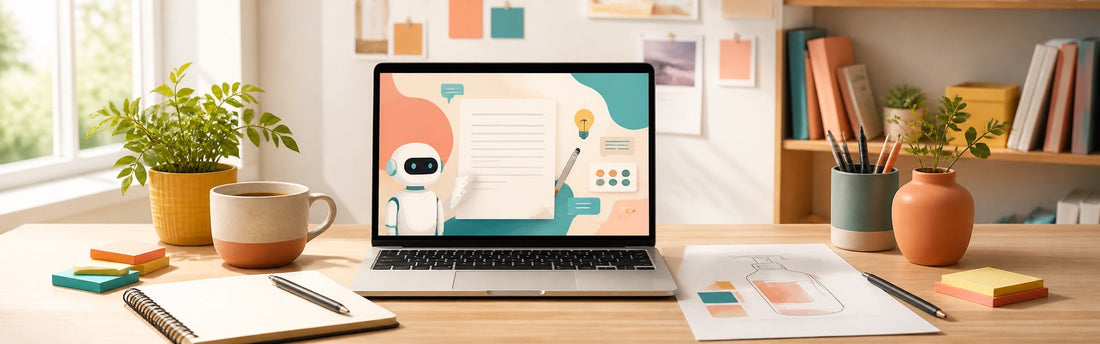 Small business marketing plan beside a laptop with an AI writing assistant