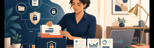 Small-business owner separating sensitive records from safe summarized information before using an AI tool