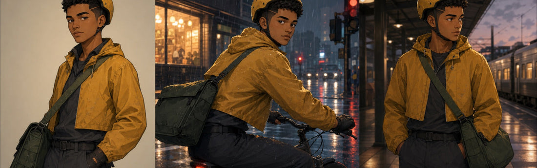 The same original courier character shown consistently in three different environments and actions