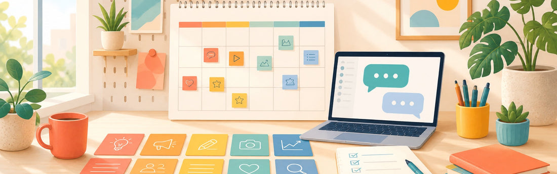 Creator organizing connected content themes, calendar cards, source notes, and review steps beside a laptop