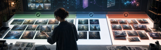 A creator sorting a rights-cleared image dataset into training, validation, and rejected groups before model training