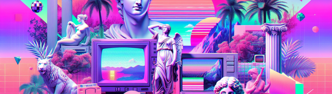 vaporwave art, retro-futurism, vaporwave music, digital nostalgia, consumer critique, pastel colors, glitch art, online communities, Daniel Lopatin, DIY vaporwave art