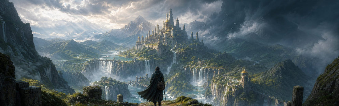 A lone traveler overlooking a vast fantasy valley with a distant citadel, waterfalls, and an approaching storm