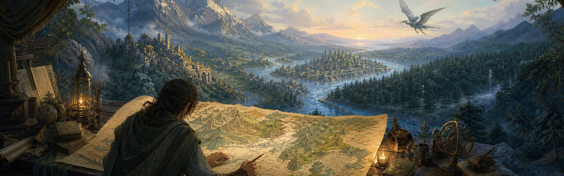 A mapmaker studying a vast fantasy landscape where a winged creature circles mountains, forests, and a glowing river city