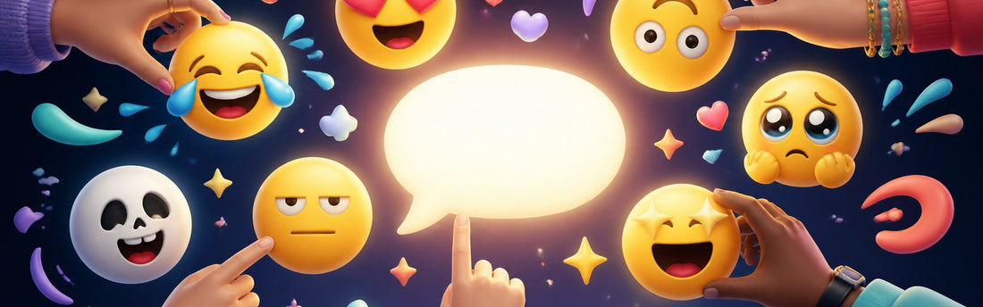 A playful collection of expressive emoji-like faces reacting differently around a glowing chat bubble