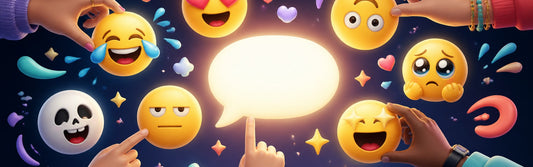 A playful collection of expressive emoji-like faces reacting differently around a glowing chat bubble