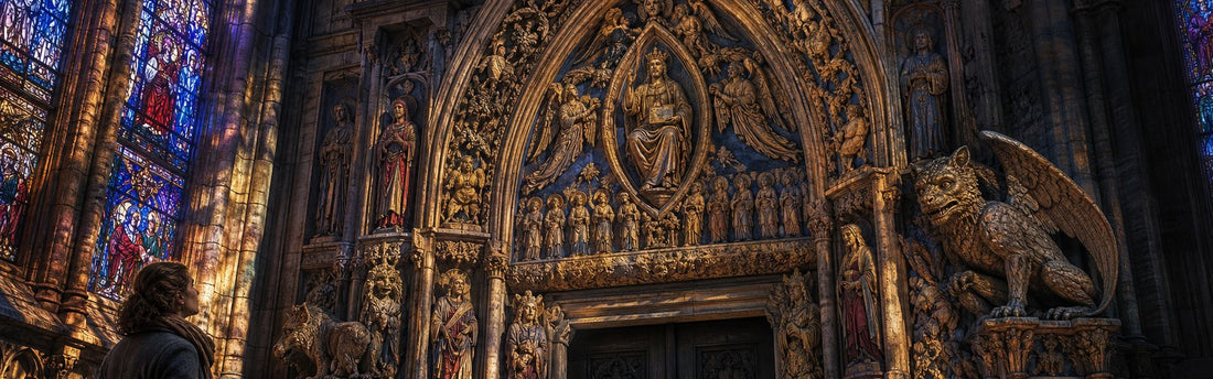 Colored light passing through Gothic stained glass onto carved leaves, animals, and figures surrounding a cathedral portal