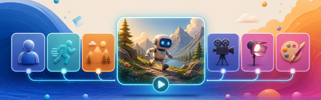 AI video prompt broken into subject, scene, motion, camera, timing, and sound planning cards