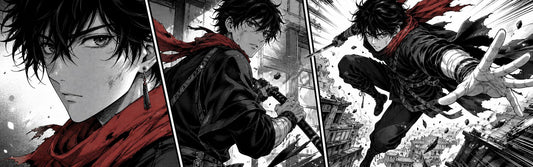 Black-and-white manga panels showing an original character moving from a quiet close-up into a fast action scene