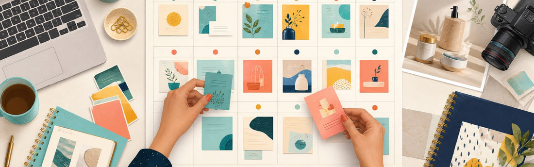 Small-business owner arranging a monthly content calendar beside a laptop and product notes