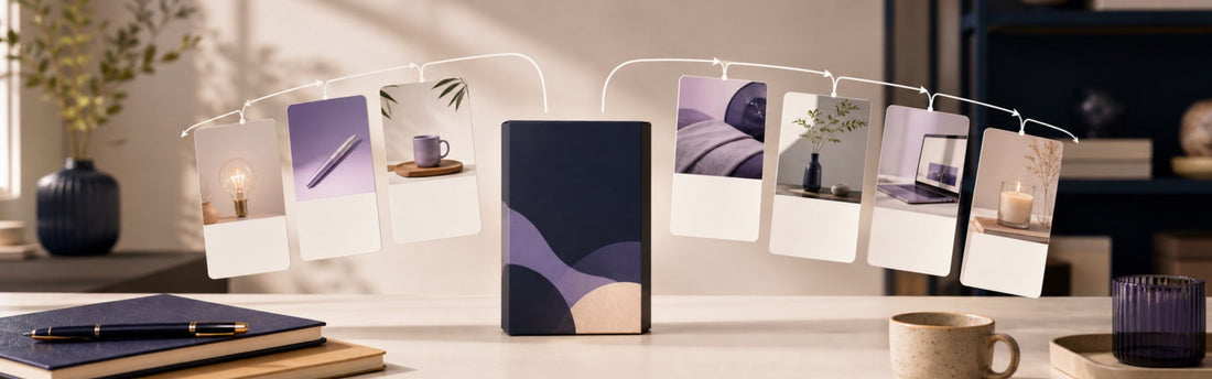 Creative small-business desk with a product idea expanding into a week of visual content cards
