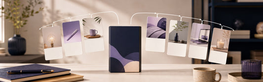 Creative small-business desk with a product idea expanding into a week of visual content cards