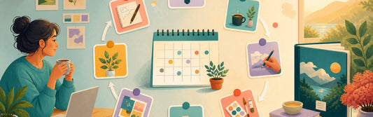 Person reviewing a recurring personal project with progress notes, next actions, calendar, and a laptop